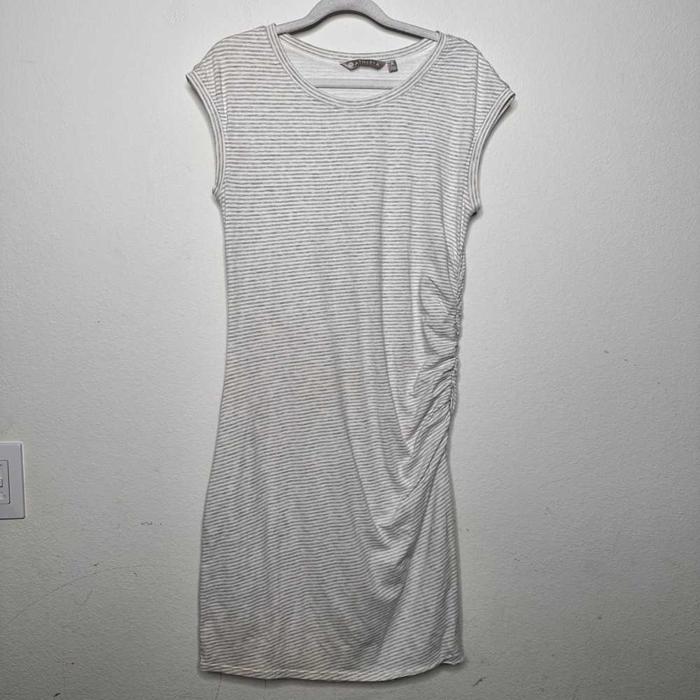 Athleta Santorini Ruched Striped Sheath Dress Gray White Womens Medium